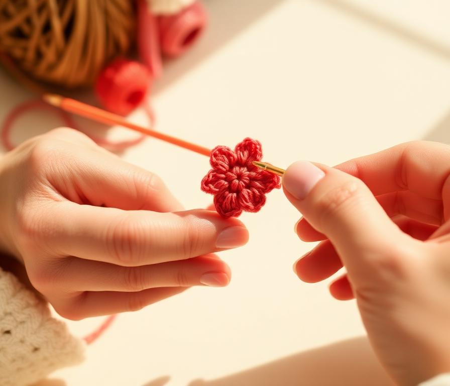 Mãos crochetando uma flor coral